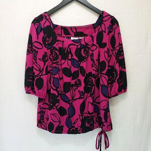 Worthington Womens Top SIze S Short Sleeve Black Pink Elastic Waist w/Tie